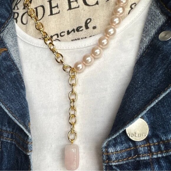 Alquimia Jewelry - PINK QUARTZ  PEARLS CHOKER NECKLACE